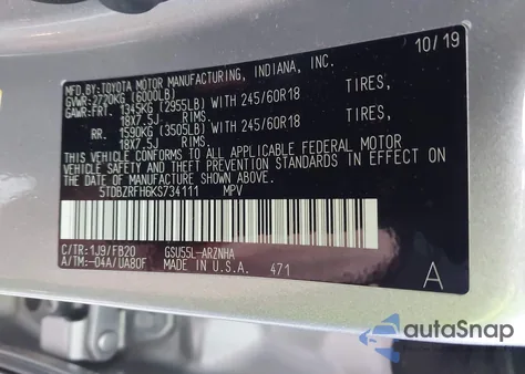 2019 Toyota Highlander Le z USA, uszkodzony, nr VIN 5TDBZRFH6KS734111